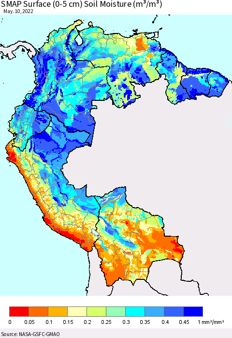 Northern South America SMAP Surface (0-5 cm) Soil Moisture (m³/m³) Thematic Map For 5/6/2022 - 5/10/2022