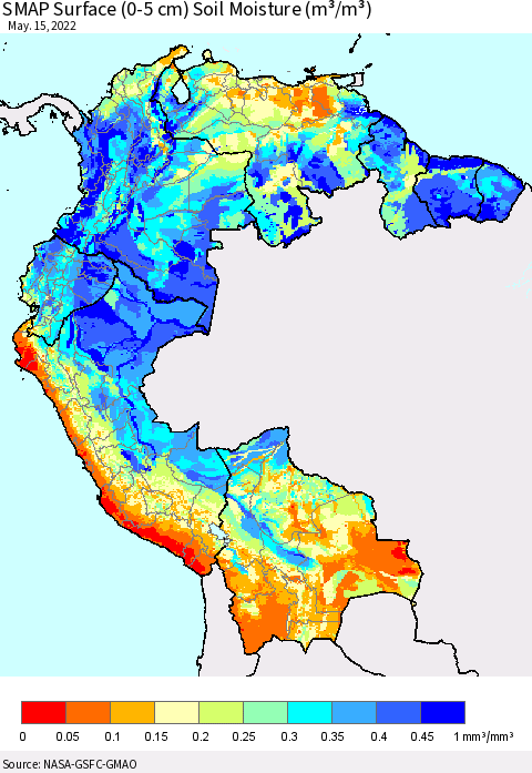 Northern South America SMAP Surface (0-5 cm) Soil Moisture (m³/m³) Thematic Map For 5/11/2022 - 5/15/2022