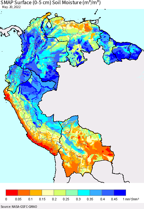 Northern South America SMAP Surface (0-5 cm) Soil Moisture (m³/m³) Thematic Map For 5/16/2022 - 5/20/2022