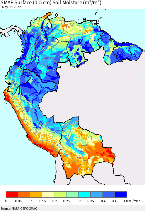 Northern South America SMAP Surface (0-5 cm) Soil Moisture (m³/m³) Thematic Map For 5/21/2022 - 5/25/2022