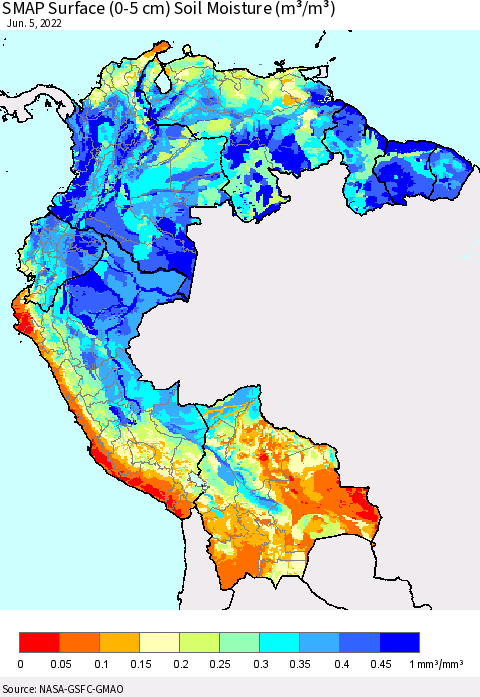 Northern South America SMAP Surface (0-5 cm) Soil Moisture (m³/m³) Thematic Map For 6/1/2022 - 6/5/2022