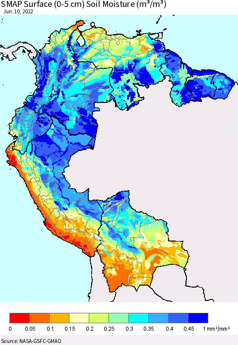 Northern South America SMAP Surface (0-5 cm) Soil Moisture (m³/m³) Thematic Map For 6/6/2022 - 6/10/2022