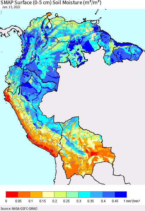Northern South America SMAP Surface (0-5 cm) Soil Moisture (m³/m³) Thematic Map For 6/11/2022 - 6/15/2022