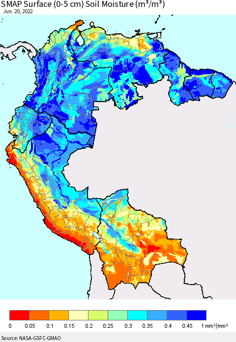 Northern South America SMAP Surface (0-5 cm) Soil Moisture (m³/m³) Thematic Map For 6/16/2022 - 6/20/2022