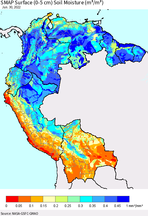 Northern South America SMAP Surface (0-5 cm) Soil Moisture (m³/m³) Thematic Map For 6/26/2022 - 6/30/2022