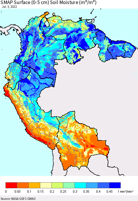 Northern South America SMAP Surface (0-5 cm) Soil Moisture (m³/m³) Thematic Map For 7/1/2022 - 7/5/2022