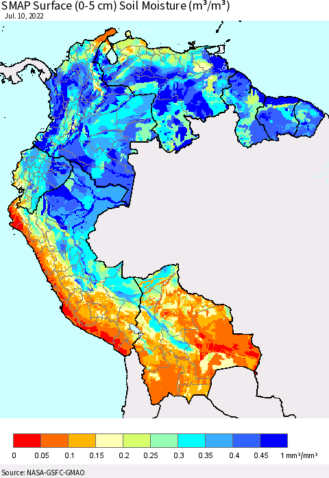 Northern South America SMAP Surface (0-5 cm) Soil Moisture (m³/m³) Thematic Map For 7/6/2022 - 7/10/2022