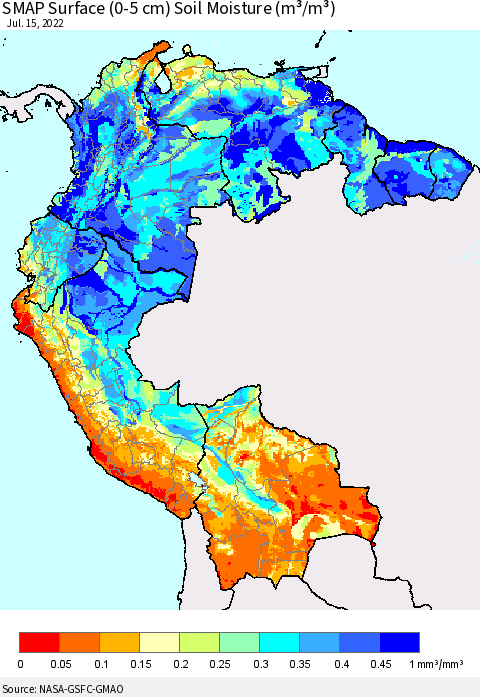 Northern South America SMAP Surface (0-5 cm) Soil Moisture (m³/m³) Thematic Map For 7/11/2022 - 7/15/2022