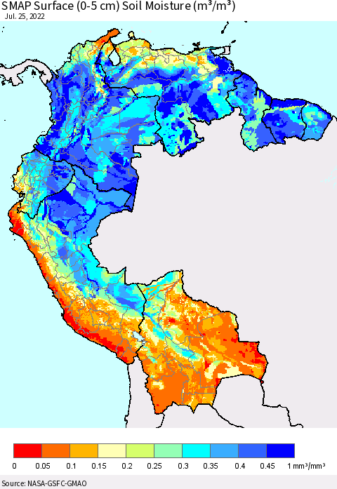 Northern South America SMAP Surface (0-5 cm) Soil Moisture (m³/m³) Thematic Map For 7/21/2022 - 7/25/2022