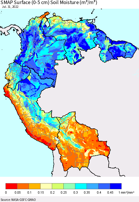 Northern South America SMAP Surface (0-5 cm) Soil Moisture (m³/m³) Thematic Map For 7/26/2022 - 7/31/2022