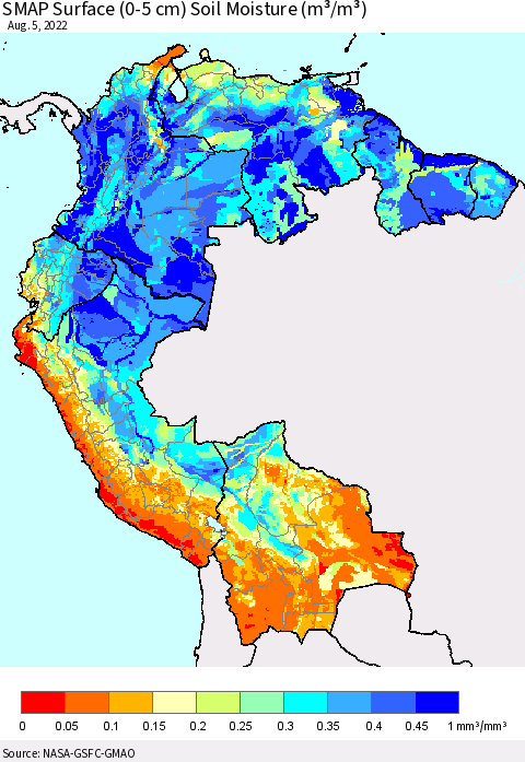 Northern South America SMAP Surface (0-5 cm) Soil Moisture (m³/m³) Thematic Map For 8/1/2022 - 8/5/2022