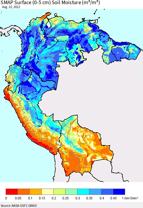 Northern South America SMAP Surface (0-5 cm) Soil Moisture (m³/m³) Thematic Map For 8/6/2022 - 8/10/2022