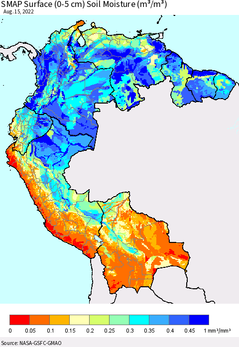 Northern South America SMAP Surface (0-5 cm) Soil Moisture (m³/m³) Thematic Map For 8/11/2022 - 8/15/2022
