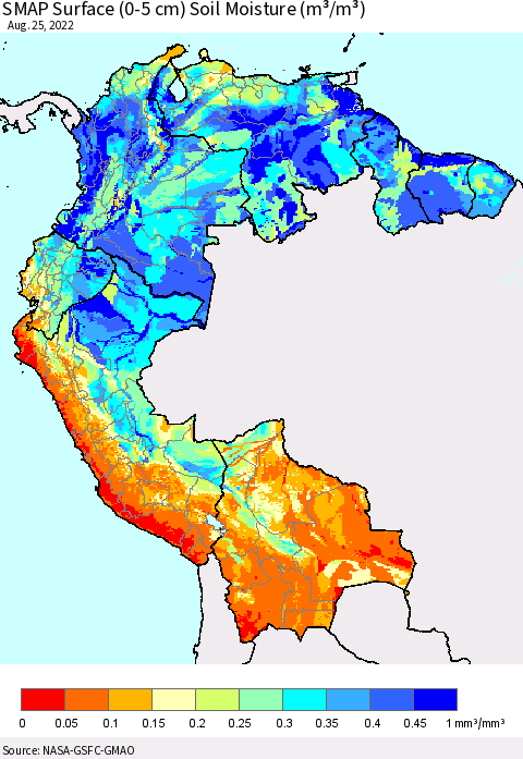 Northern South America SMAP Surface (0-5 cm) Soil Moisture (m³/m³) Thematic Map For 8/21/2022 - 8/25/2022