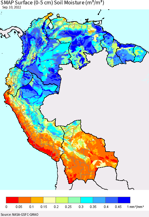 Northern South America SMAP Surface (0-5 cm) Soil Moisture (m³/m³) Thematic Map For 9/6/2022 - 9/10/2022