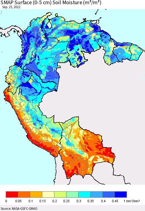 Northern South America SMAP Surface (0-5 cm) Soil Moisture (m³/m³) Thematic Map For 9/21/2022 - 9/25/2022