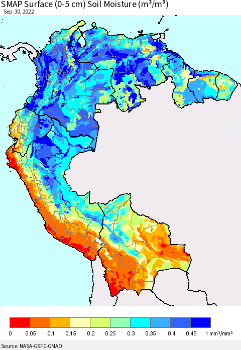 Northern South America SMAP Surface (0-5 cm) Soil Moisture (m³/m³) Thematic Map For 9/26/2022 - 9/30/2022
