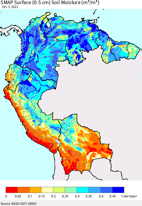 Northern South America SMAP Surface (0-5 cm) Soil Moisture (m³/m³) Thematic Map For 10/1/2022 - 10/5/2022