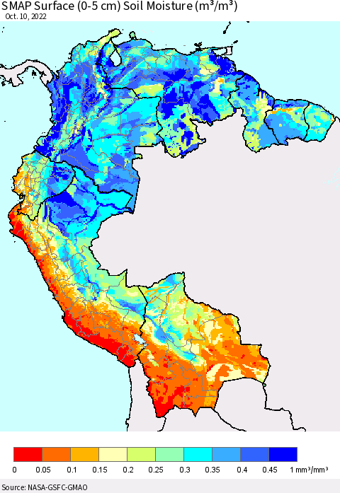Northern South America SMAP Surface (0-5 cm) Soil Moisture (m³/m³) Thematic Map For 10/6/2022 - 10/10/2022