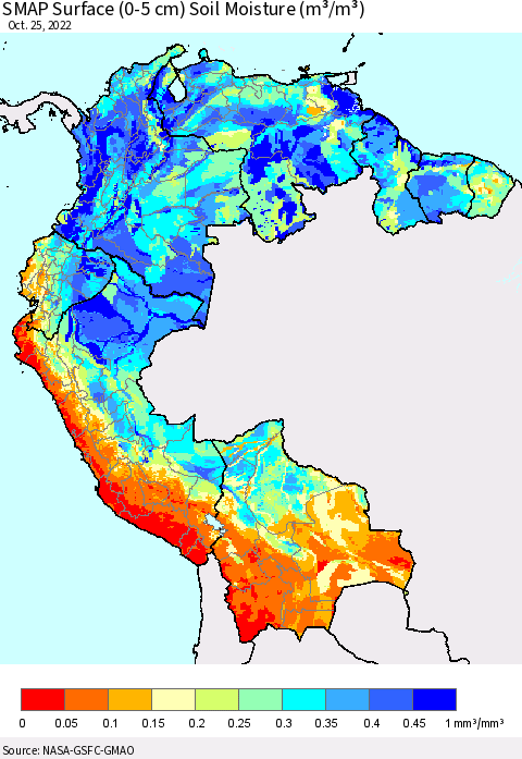 Northern South America SMAP Surface (0-5 cm) Soil Moisture (m³/m³) Thematic Map For 10/21/2022 - 10/25/2022