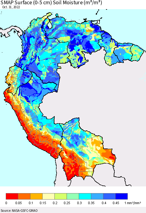 Northern South America SMAP Surface (0-5 cm) Soil Moisture (m³/m³) Thematic Map For 10/26/2022 - 10/31/2022