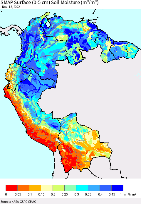 Northern South America SMAP Surface (0-5 cm) Soil Moisture (m³/m³) Thematic Map For 11/11/2022 - 11/15/2022