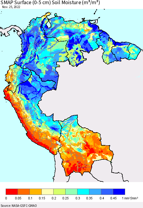Northern South America SMAP Surface (0-5 cm) Soil Moisture (m³/m³) Thematic Map For 11/21/2022 - 11/25/2022