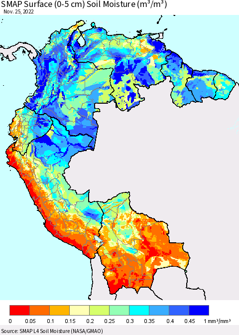 Northern South America SMAP Surface (0-5 cm) Soil Moisture (m³/m³) Thematic Map For 11/21/2022 - 11/25/2022