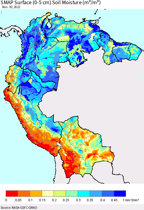 Northern South America SMAP Surface (0-5 cm) Soil Moisture (m³/m³) Thematic Map For 11/26/2022 - 11/30/2022