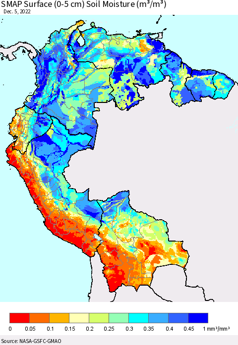Northern South America SMAP Surface (0-5 cm) Soil Moisture (m³/m³) Thematic Map For 12/1/2022 - 12/5/2022