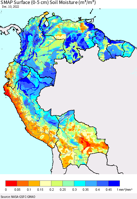 Northern South America SMAP Surface (0-5 cm) Soil Moisture (m³/m³) Thematic Map For 12/6/2022 - 12/10/2022