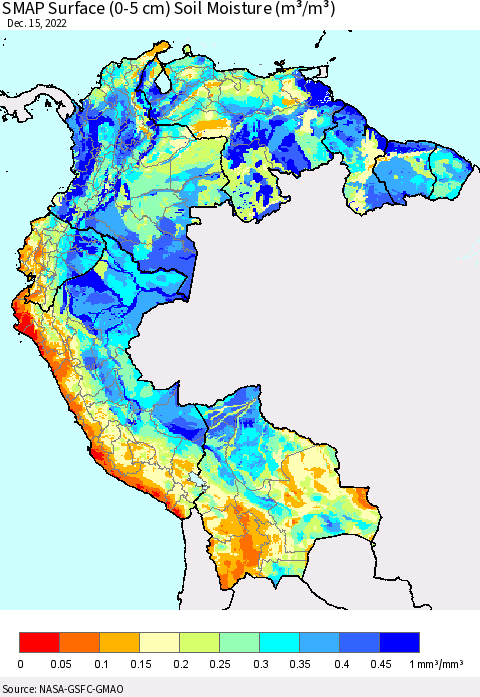 Northern South America SMAP Surface (0-5 cm) Soil Moisture (m³/m³) Thematic Map For 12/11/2022 - 12/15/2022