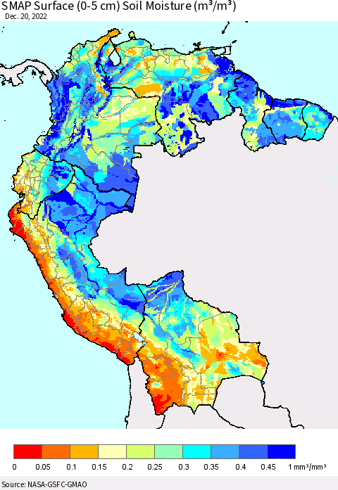 Northern South America SMAP Surface (0-5 cm) Soil Moisture (m³/m³) Thematic Map For 12/16/2022 - 12/20/2022