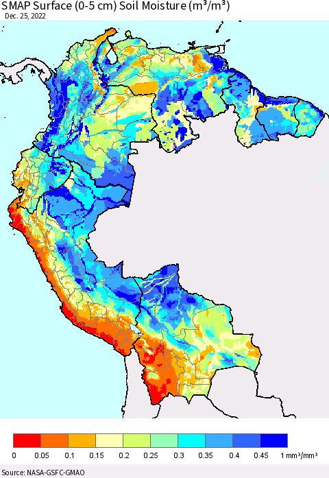 Northern South America SMAP Surface (0-5 cm) Soil Moisture (m³/m³) Thematic Map For 12/21/2022 - 12/25/2022
