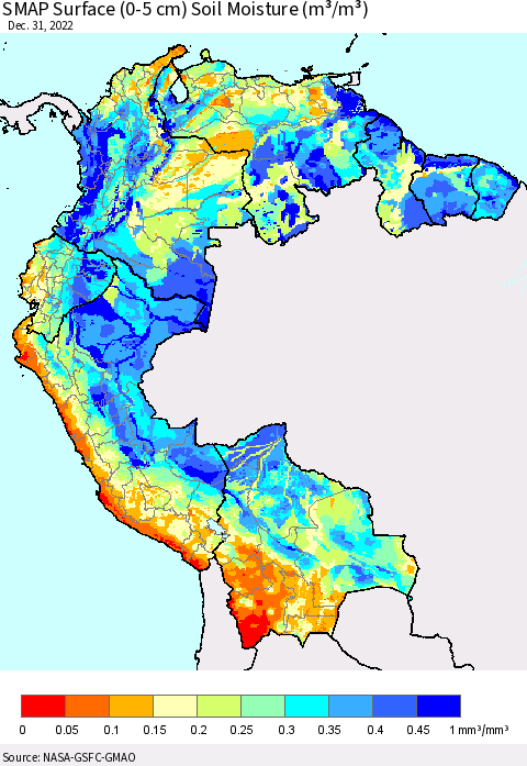 Northern South America SMAP Surface (0-5 cm) Soil Moisture (m³/m³) Thematic Map For 12/26/2022 - 12/31/2022