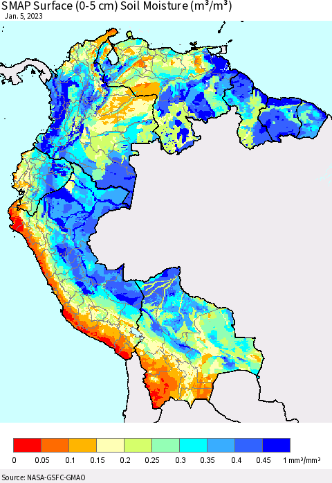 Northern South America SMAP Surface (0-5 cm) Soil Moisture (m³/m³) Thematic Map For 1/1/2023 - 1/5/2023