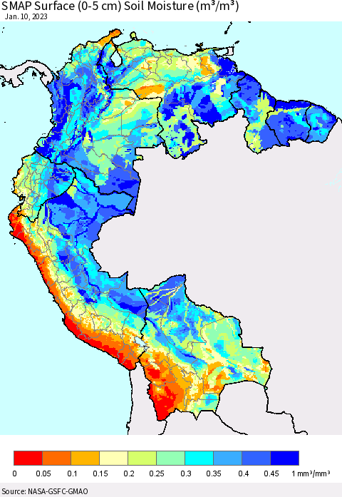 Northern South America SMAP Surface (0-5 cm) Soil Moisture (m³/m³) Thematic Map For 1/6/2023 - 1/10/2023