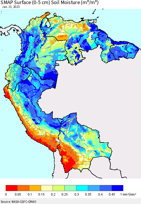 Northern South America SMAP Surface (0-5 cm) Soil Moisture (m³/m³) Thematic Map For 1/11/2023 - 1/15/2023