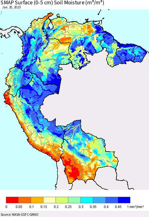 Northern South America SMAP Surface (0-5 cm) Soil Moisture (m³/m³) Thematic Map For 1/16/2023 - 1/20/2023