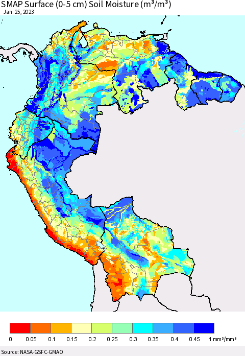 Northern South America SMAP Surface (0-5 cm) Soil Moisture (m³/m³) Thematic Map For 1/21/2023 - 1/25/2023