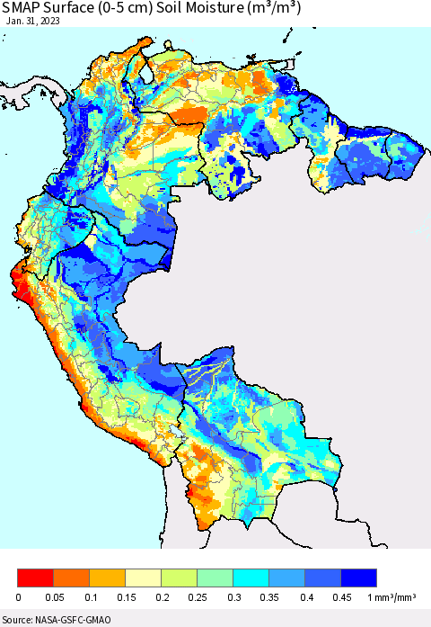 Northern South America SMAP Surface (0-5 cm) Soil Moisture (m³/m³) Thematic Map For 1/26/2023 - 1/31/2023