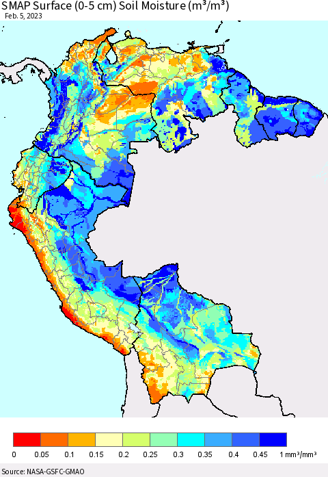 Northern South America SMAP Surface (0-5 cm) Soil Moisture (m³/m³) Thematic Map For 2/1/2023 - 2/5/2023