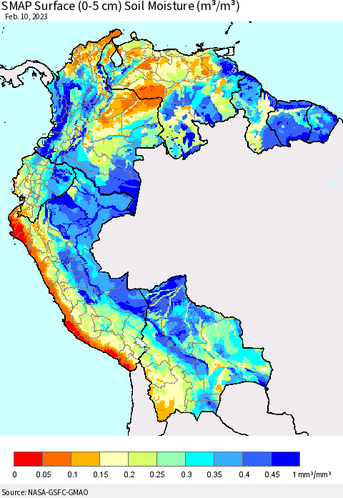 Northern South America SMAP Surface (0-5 cm) Soil Moisture (m³/m³) Thematic Map For 2/6/2023 - 2/10/2023