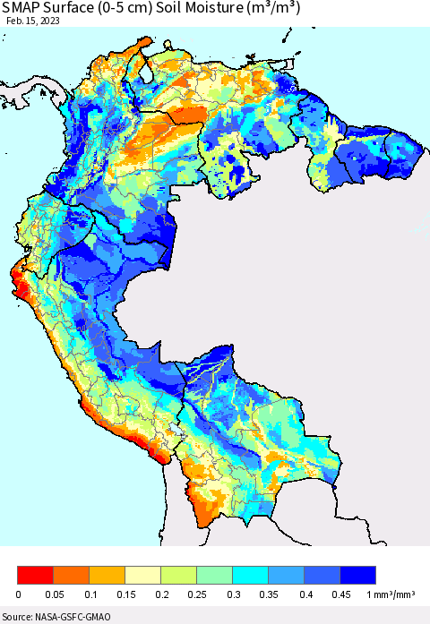 Northern South America SMAP Surface (0-5 cm) Soil Moisture (m³/m³) Thematic Map For 2/11/2023 - 2/15/2023