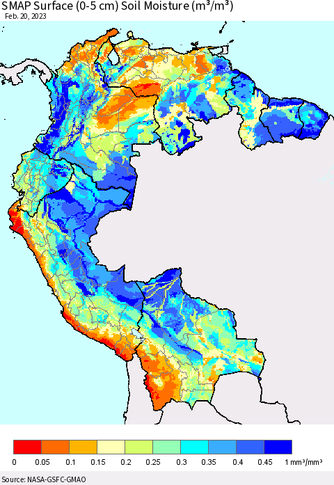 Northern South America SMAP Surface (0-5 cm) Soil Moisture (m³/m³) Thematic Map For 2/16/2023 - 2/20/2023