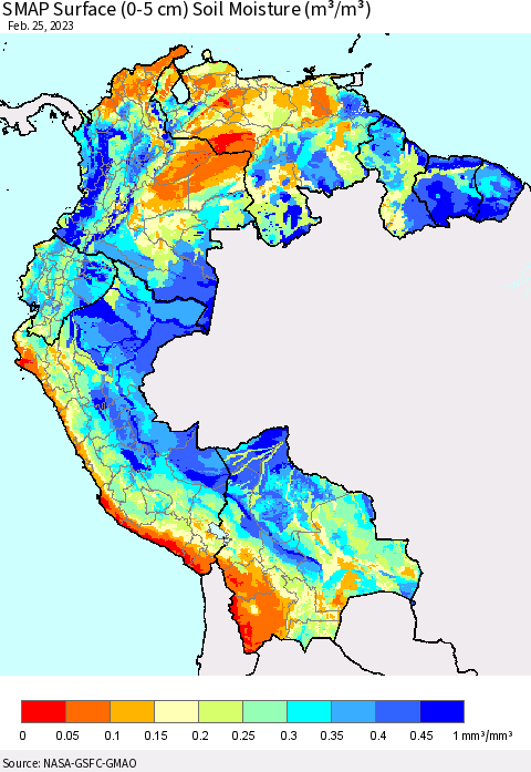 Northern South America SMAP Surface (0-5 cm) Soil Moisture (m³/m³) Thematic Map For 2/21/2023 - 2/25/2023