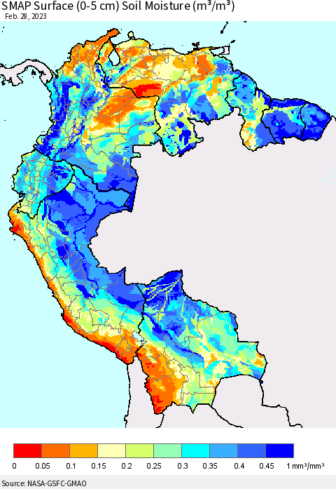 Northern South America SMAP Surface (0-5 cm) Soil Moisture (m³/m³) Thematic Map For 2/26/2023 - 2/28/2023