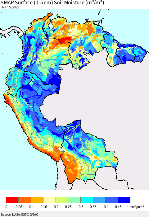 Northern South America SMAP Surface (0-5 cm) Soil Moisture (m³/m³) Thematic Map For 3/1/2023 - 3/5/2023