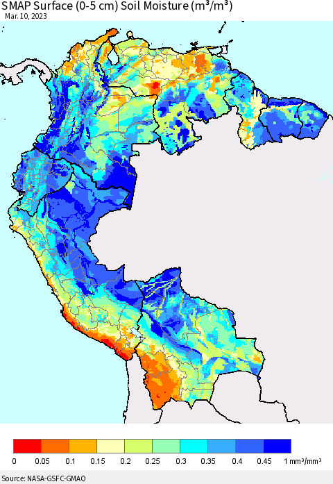 Northern South America SMAP Surface (0-5 cm) Soil Moisture (m³/m³) Thematic Map For 3/6/2023 - 3/10/2023