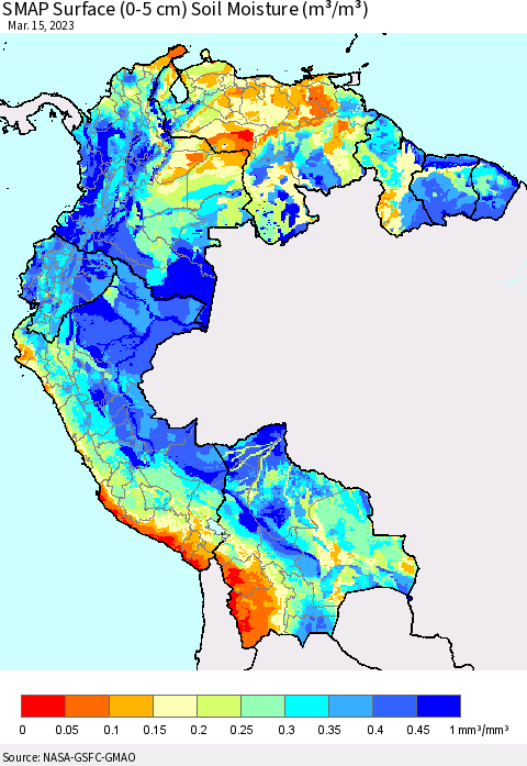 Northern South America SMAP Surface (0-5 cm) Soil Moisture (m³/m³) Thematic Map For 3/11/2023 - 3/15/2023